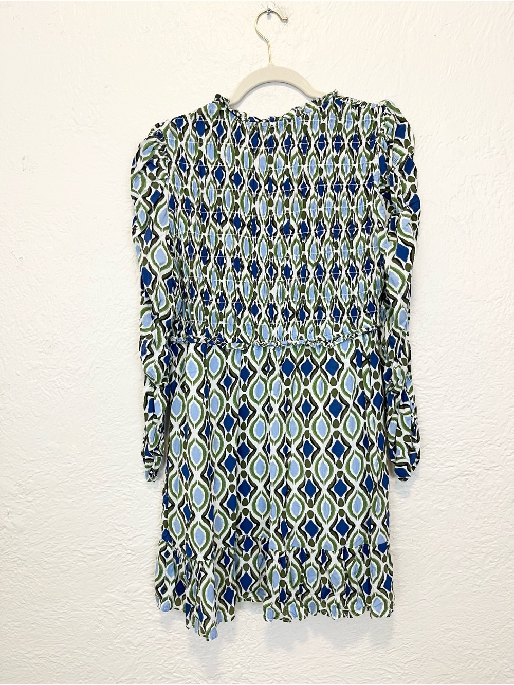 Anthropologie Dress Long Sleeve Ruffle Blue Green Smocked Large L - Picture 10 of 10